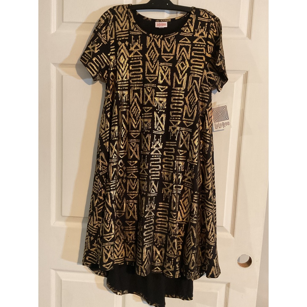 LuLaRoe Carly Dress Womens XS Black Gold Metallic Geometric High Low Swing NWT